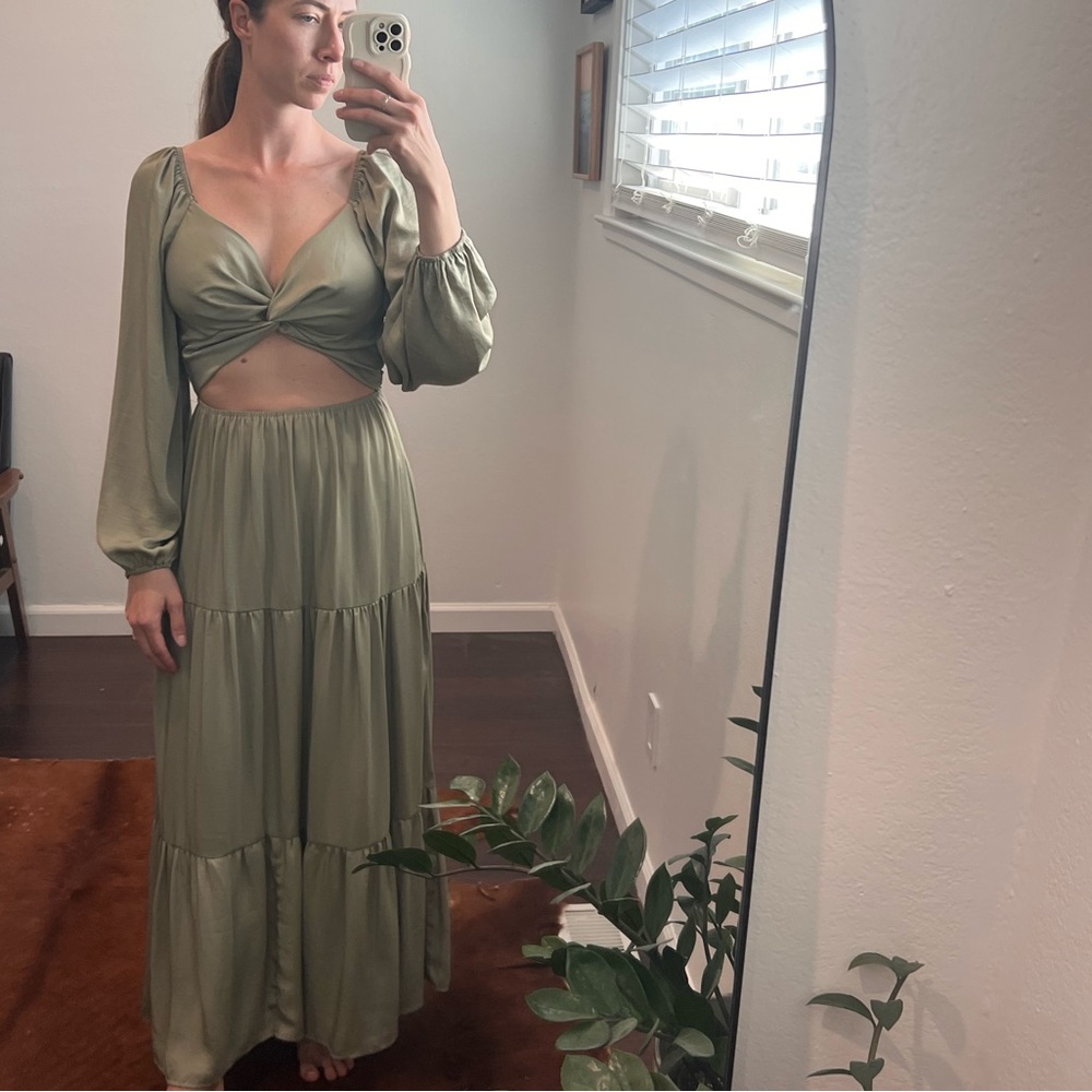 Moss green self tie waistband maxi dress
